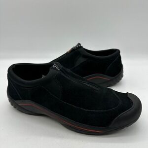 Lands‎ End 322424 Womens 9.5 B All Weather Black Suede Front Zip Shoes Red Trim